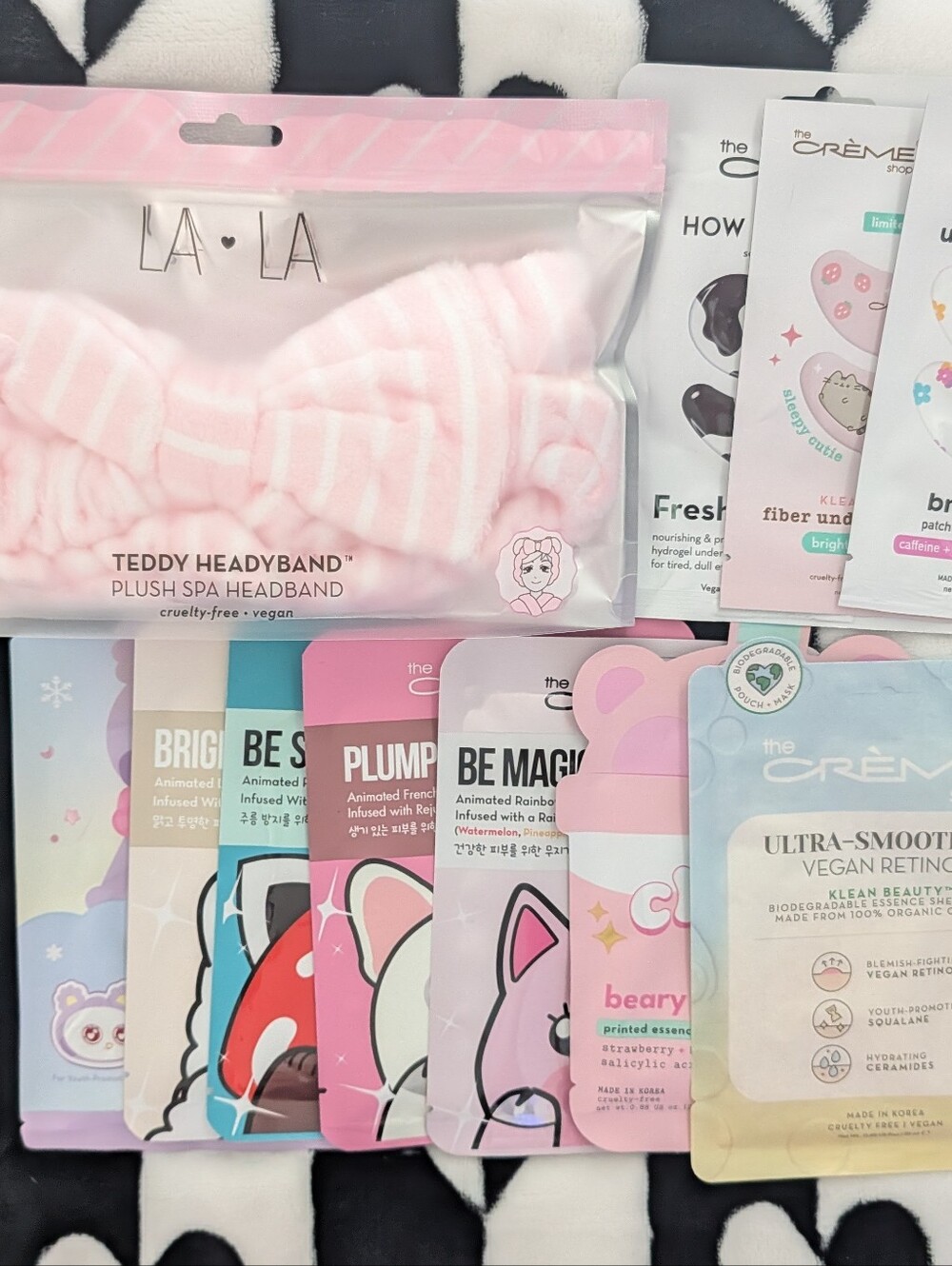 Pink Plush Bow Spa Headband & 7 Sheet Masks & 3 Under Eye Patches Selfcare Bundl